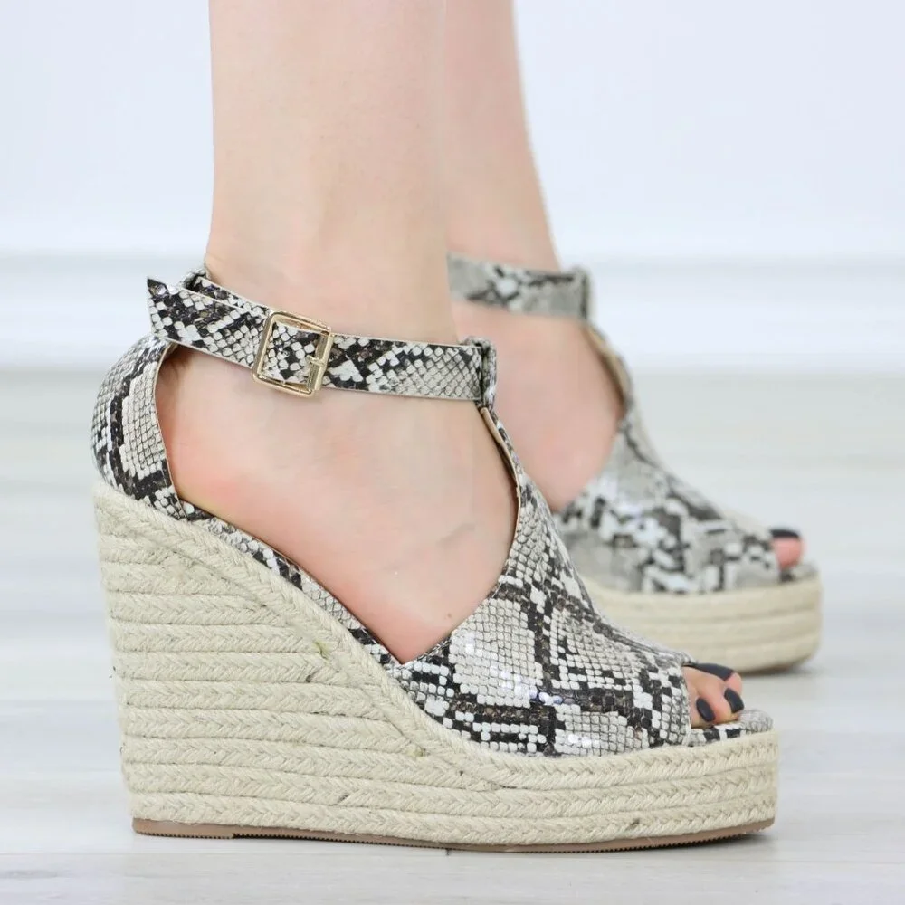 Faux Snakeskin Wedge Sandals Ankle Strap Espadrille Platform Buckle Closure